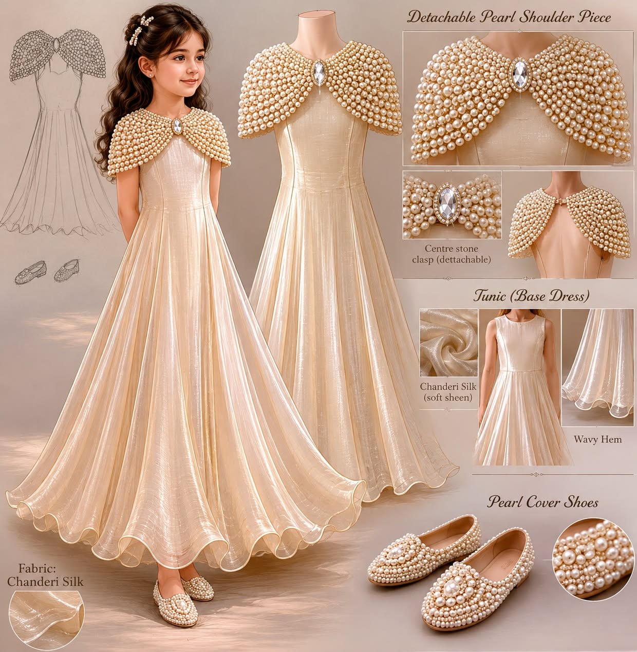 Renee Kids Wear Champagne Chanderi Gown with Detachable Pearl Cape